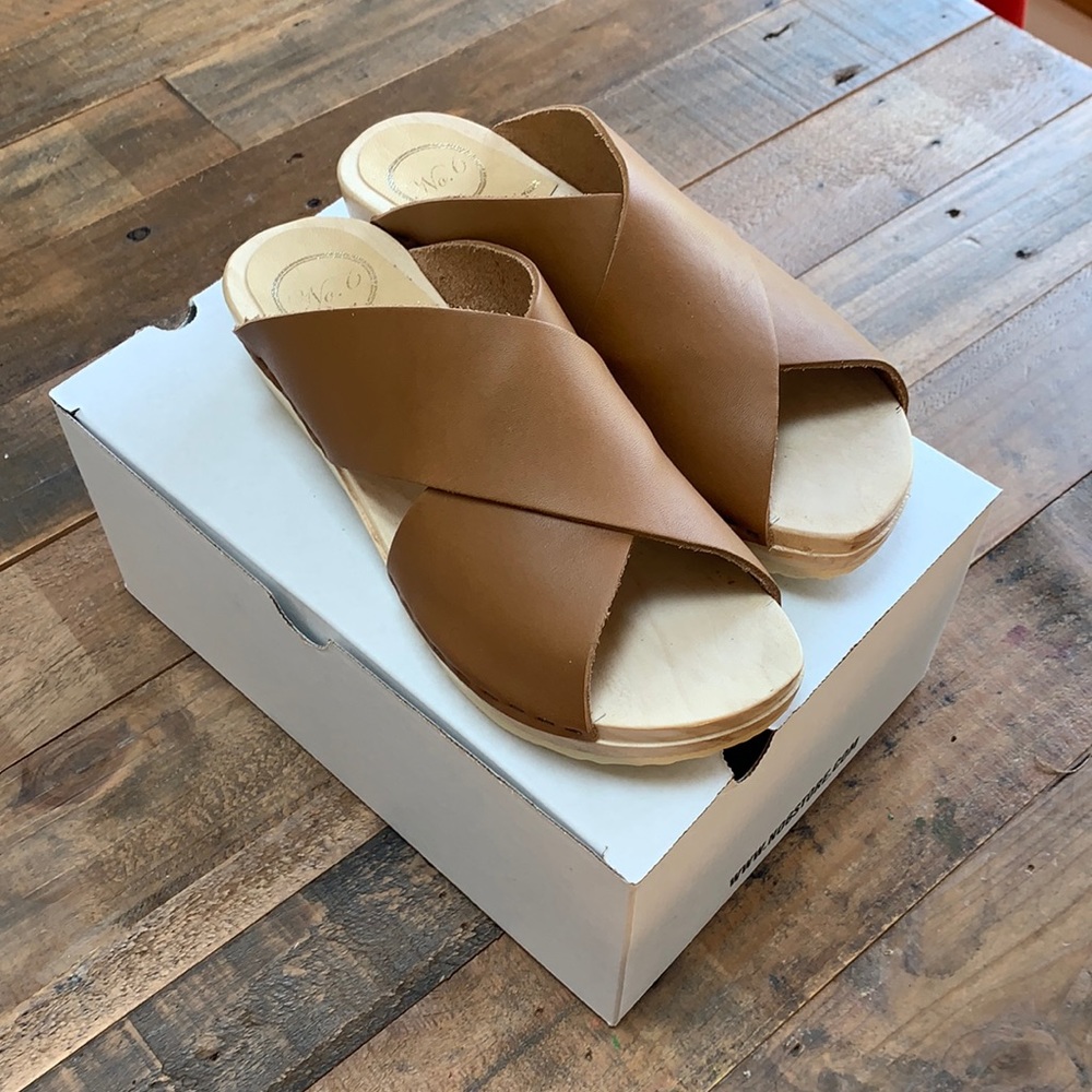 No. 6 Tan Leather Crisscross Slide Sandals